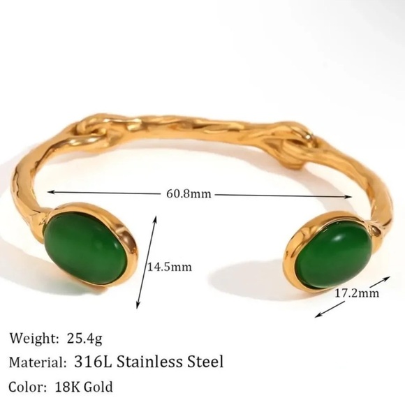 Anthropologie Green Agate 18K Gold Stainless Steel Waterproof Cuff Bracelet - Picture 10 of 12
